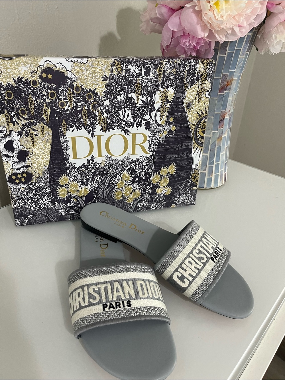 Dior Gray Christian Dior Paris Embroidered Slide Sandals